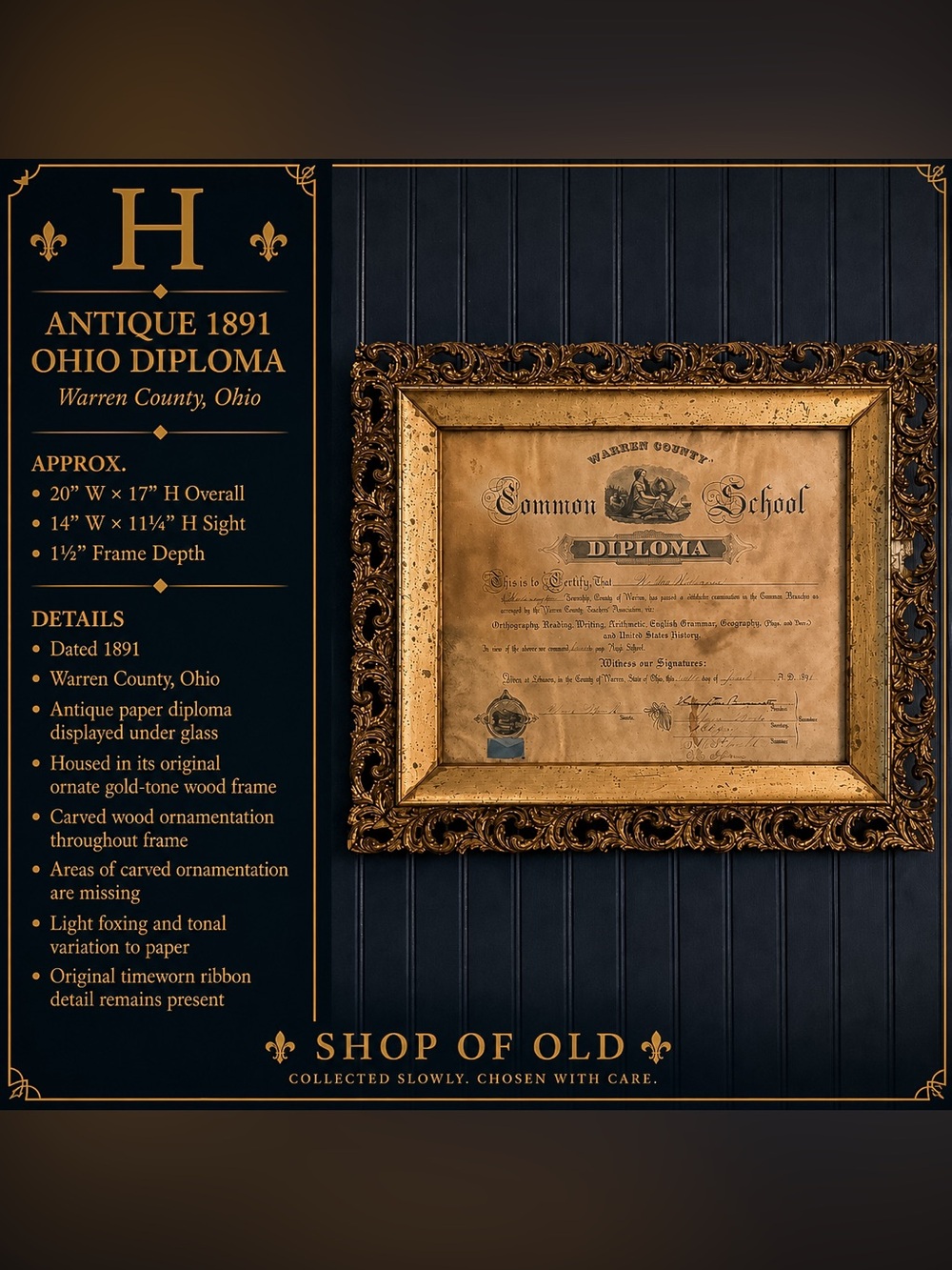 Antique 1891 Warren County Ohio Diploma | Ornate Carved Wood Frame